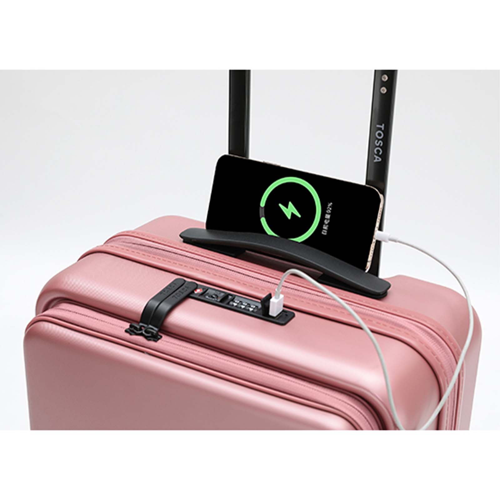 Tosca-Horizon-20-Inch-Carry-On-Suitcase-Rose-Charging-Port-Outside